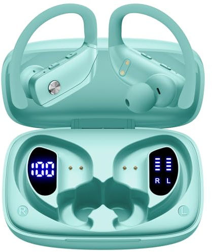 bmani Trådlösa öronsnäckor Bluetooth-hörlurar 48 timmar spela tillbaka sporthörlurar med LED-display over-ear-knoppar med öronkrokar inbyggt mikrofonheadset för träning mintgrön
