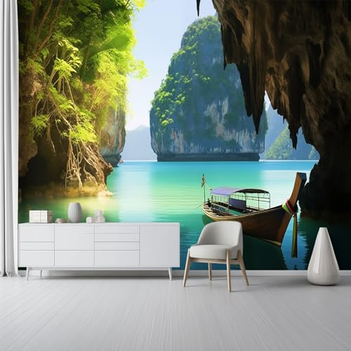 Soggiorno Carta da Parati Murale 250 x 175 cm, Paesaggio Naturale Isola Esotica Carta da Parati per Parete TV Camera da Letto Decorare, Verde Smeraldo Decorazione Murale Fotomurale
