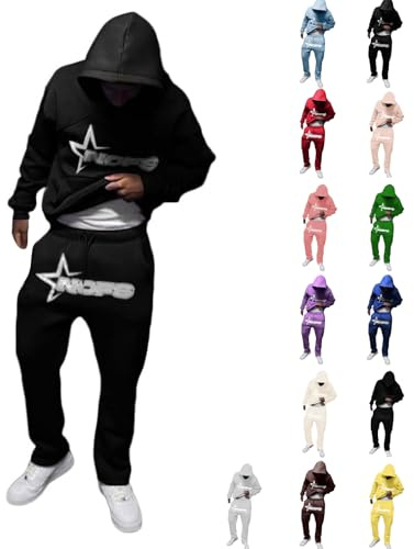 Tuta da jogging da uomo, 2 pezzi, tuta da ginnastica con lettere stampate, con cappuccio e pantaloni da jogging Y2K Hip Hop Streetwear oversize, per il tempo libero, per l'inverno, in cotone caldo, @1
