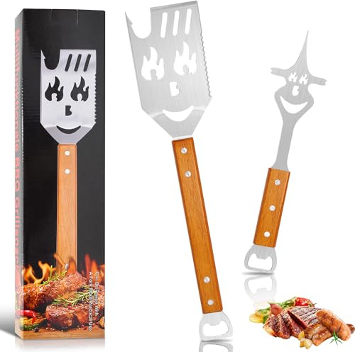 Cyiecw Set di 2 Utensili per Barbecue, Spatola e Forchetta Multifunzionali 7 in 1, Accessori BBQ in Acciaio Inossidabile per Picnic, Regali a Sorpresa per Uomini