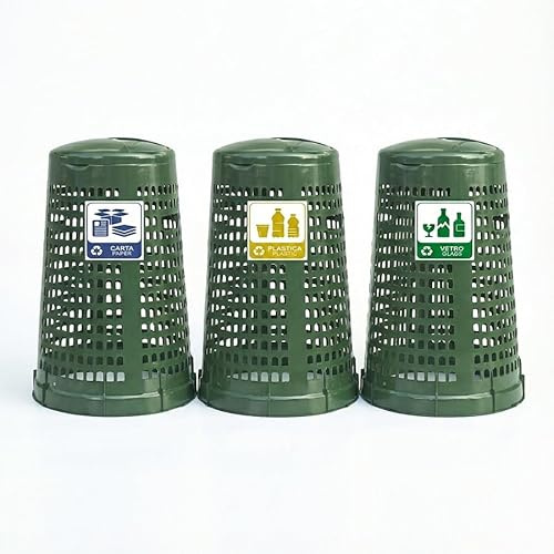 Set di 3 Trespolo cestino 100 lt Bidone Spazzatura differenziata con etichette plastica carta vetro da Esterno Portasacco contenitore immondizia Made in Italy con Coperchio e Anello Fermasacco
