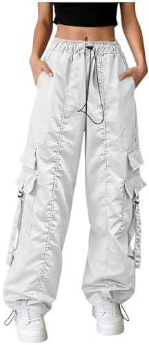 HUYTBYG Cargo fallskärmsbyxor kvinnor Y2K cargobyxor kvinnor hög midja promenadbyxor säckiga streetwear byxor vida ben hip hop byxor trendiga ankelspetsbyxor med användbara fickor