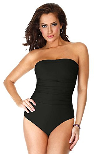 Miraclesuit Women's Swimwear Long Torso Solid Avanti Bandeau Underwire Bra One Piece Swimsuit, Black, 14L