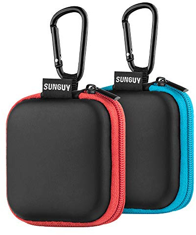 SUNGUY [2-Pack Earbud Case, Portable Square Earphone Carrying Cases with 2 Carabiners for Earphones, Earbuds, Earpieces, SD Memory Card, Camera Chips - Red+ Blue