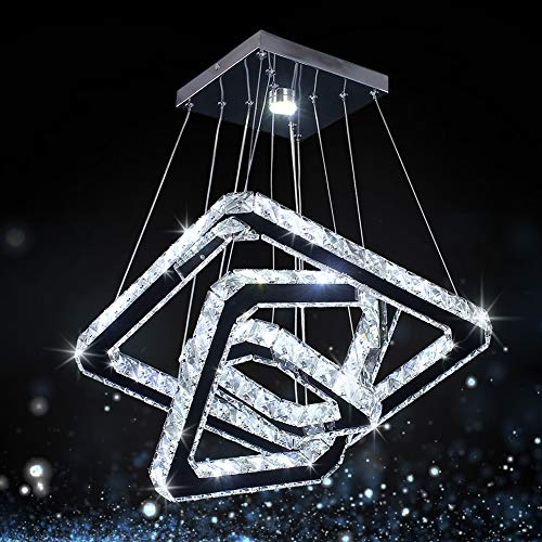 Modern Crystal Chandeliers LED Square Rings Pendant Lights Adjustable Height Ceiling Lamp for Dinning Room Bedroom Kitchen (Cool White,Silver)