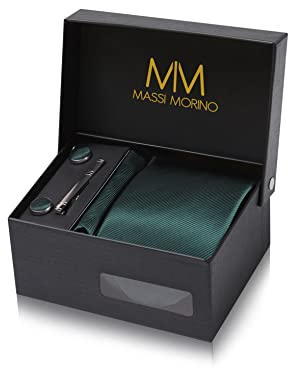 Massi Morino Krawatte Dunkelgrün mit Einstecktuch Set Herren inkl. Manschettenknöpfe, Krawattennadel und Geschenkbox - Männer Krawattenset