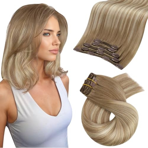 Moresoo Naturlig hårförlängning, ombre-blond, 30 cm, mänskligt hår, balayage-teknik, ljusbrun, hårförlängning med klämma, ljusbrun till mellanblond, 5 st/80 g, #8/22/8