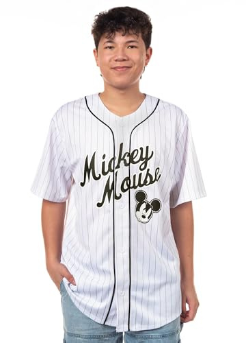 Disney Mickey Mouse Men's Baseball Jersey - Mens Classic Mesh Button Down Baseball Jersey Mickey Mouse Fashion Shirt (White, Medium)
