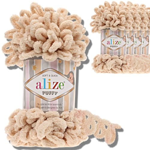 Alize 5 x 100 g puffy turkisk ull, superBulky chenillegarn, gosigt mjukt babyull, handstickgarn för virkning, mjukt chenillegarn, XXL-nystan för amigurumi (honung | 310)