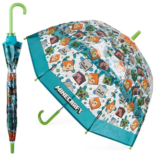 Minecraft Paraguas para Niños, Cúpula Transparente con Mango en Forma de J (Azul/Transparente)