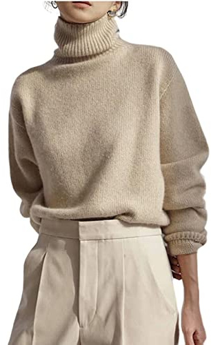 TOBILE Damtröja med rullad hals i fuskkashmir elegant polokrage damtröja mjuk stickad basic pullover O-hals lös varm kvinnlig stickad tröja
