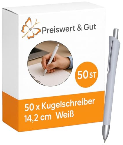 50x Kugelschreiber weiß Kunststoff Kuli Set mit Druckmechanismus, schwarzschreibend, 14,2 cm, 8 g je Stift, Clip, silber-matte Applikationen, Schreibset für Büro, Schule und Werbezwecke