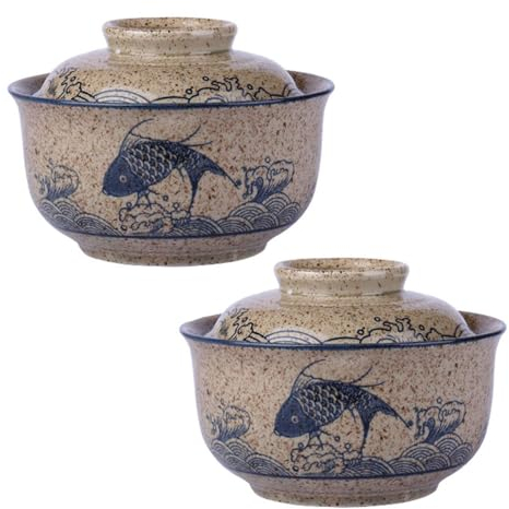 TYMYYS Keramik Suppenschüsseln Mit Deckel 2er Set Reisschalen 2er Set Kleine Ramen Schalen Mikrowellenfest-Fisch-750ml