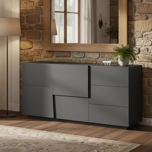 Dmora - Kommode Xavier, Wohnzimmer-Buffet, Wohnzimmer-Kommode mit 2 Türen und 3 Schubladen, 180x44x86 cm, Anthrazit