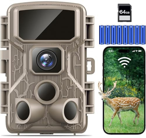 Punvoe Trail Camera WiFi 4K 64MP with 64GB Memory Card 8 Batteries and Night Vision Ip67 Waterproof 130°Wide Angle 0.1s Trigger Speed, Suitable for Outdoor Wildlife Detection, Monitoring Game Cam