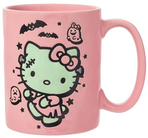 Silver Buffalo Sanrio Hello Kitty Halloween Frankenstein Wax Resist Ceramic Pottery Mug, 17 Ounces