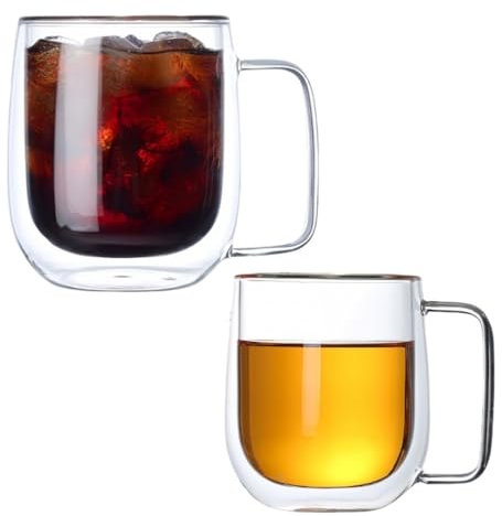 NBBENG Lot de 2 tasses à café isothermes en verre borosilicate à double paroi de 250 ml, 1 tasse à café de voyage et de camping pour cappuccino/latte/thé/shots