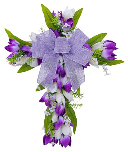 Couronne de Printemps, Couronne Porte d'entrée Pâques, Couronne de Croix de Pâques, Couronne Fleur Tulipe Artificielle Simulation, Couronne Décoration pour Portes, Jardin, Intérieur et Extérieur