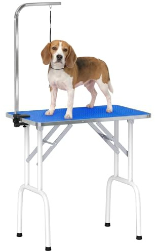 PawHut Foldable Dog Grooming Table, 32 Portable Pet Grooming Table with Height Adjustable Arm and Anti-Slip Rubber Top for Small Medium Dogs and Cats, Blue