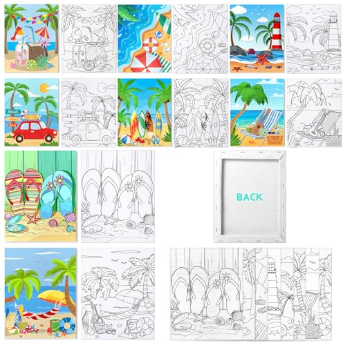 Lienzo estirado pre-dibujado para pintar de 8x10 pulgadas, paquete de 8, tablas de lienzo preimpresas para pinturas de artista, aptas para acrílicos, óleo y medios (Playa de verano)