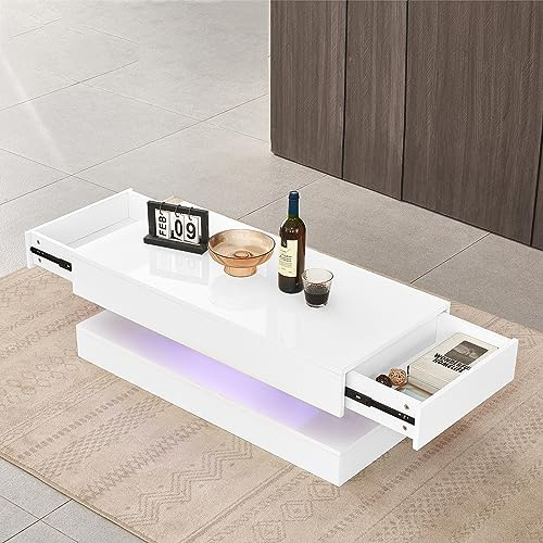 JaHECOME High Gloss Coffee Table with Led Light White Coffee Table with Storage,2 Drawers for Living Room Rectangle Centre Table Side for Home Office Furniture