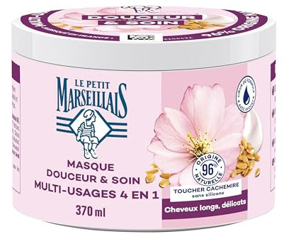 Le Petit Marseillais - Masque Douceur et Soin Multi-Usage 4 en 1 Lait d'Amande et Lin Bio (Pot de 370 Ml) – Masque Cheveux sans Silicone – Soin pour Cheveux Longs et Délicats