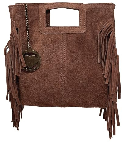 Borsa a Mano da Donna in Pelle Scamosciata con Frange (Cuoio Scuro)