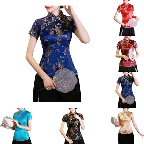 Camisa china Cheongsam para mujer, cuello mandarín de manga corta, estampado de dragón y fénix, blusa étnica, ropa tradicional, aspecto de seda elegante, moda asiática festiva, marine, L