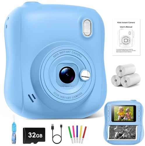 Cámara Instantánea para Niños de 14 MP, 1080p Cámara Digital con Impresión Instantánea, Tarjeta de 32 GB y 3 Rollos de Papel Térmico, Regalo de Cumpleaños para Niños y Niñas de 3 a 12 Años