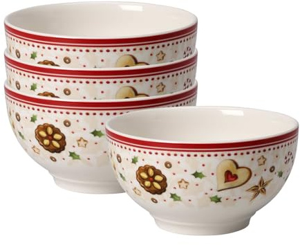 Villeroy & Boch Winter Bakery Delight Schale Sternschnuppe 4er Set, 14 cm, Müslischale mit Weihnachtsmotiven, Premium Porzellan, Weiß/Rot