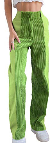 Yeselect Women´s Corduroy Patchwork Pants, High-Waist Gradient Trousers Straight Wide Leg Long Jeans Zipper Pocket Casual Bottoms (Green, S)