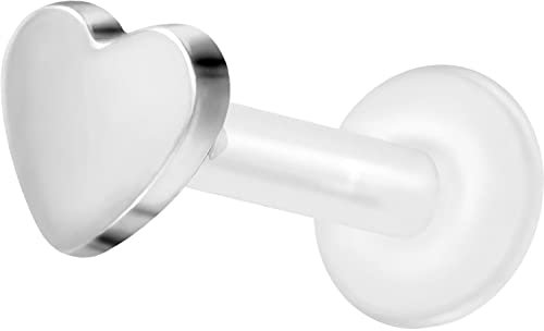 PIERCINGLINE PTFE Labret mit Gewinde Titan Aufsatz HERZ Piercing Nase Ohr Helix Tragus Lippe Medusa Silberfarben 1,2 x 5 mm