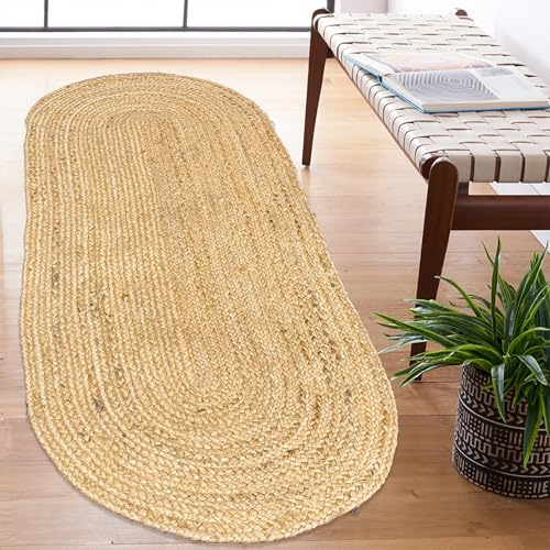 Chardin home Hand Woven Natural Jute Braided Rug – 2x5 Runner Oval| Rustic Boho Farmhouse Style | Solid Natural Fiber Rug for Hallway, Entryway, Kitchen, Bedroom, Dining Room, Study, Office