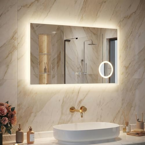 SIRHONA Miroir de Salle de Bain avec Éclairage, Affichage Numérique Écran LED, Miroir avec Une Loupe 3X, Anti-buée, 3 Températures de Couleur, Dimmable, Fonction Mémoire, 100x60cm