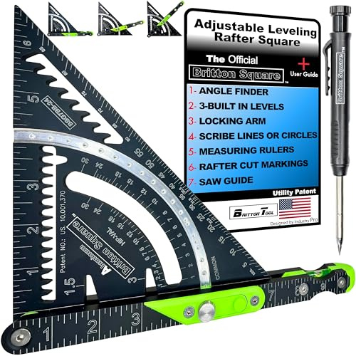 Britton Square 7''-Black/Green Aluminum Rafter Square -Rafter Square with Level, Innovative Framing & Carpentry Tools