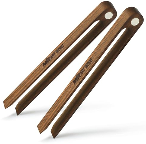 Magnetic Dark Wood Toaster Tongs, Set of 2 – 8.7-Inch Kitchen Tongs for Toast, Bagels, Bacon, Muffins & BBQ | Non-Toxic, Glue-Free Hardwood with Magnetic Storage Holder