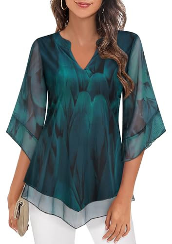 Tunic Tops for Women UK Summer Ruffle Sleeve Dressy Tops for Evening Wear V Neck Double Layers Blouses 3/4 Sleeve Chiffon Tops for Women Longline Tops Swing Chic Shirts Mesh Spring Trendy Clothes