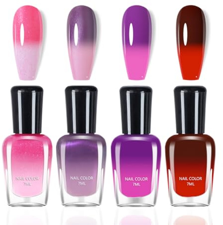 Color Changing Nail Polish Sets, Temperature Colour Changing Quick Dry Nail Varnish Sets, Long-Lasting Glitter Nail Polish DIY at Home Nail Varnish Sets for Women Without Use UV Lamp (Pink Set)