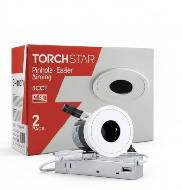 TORCHSTAR 3 Inch 5CCT LED Pinhole Recessed Lights with J-Box, 30° Ultra-Narrow Recessed Ceiling Spotlight for Layered Lighting, IC Rated, Dimmable, Anti-Glare, CRI 90, 2700-5000K, ETL, FCC, Pack of 2