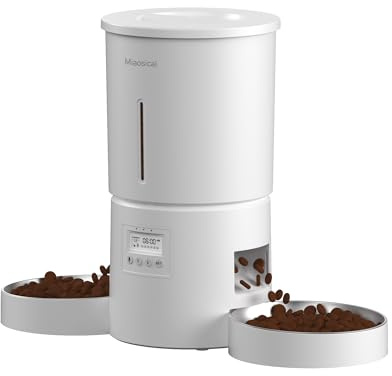 Dual Automatic Cat Feeder 2 Cats,6 Meals/Day,12 Portions/Meal,4.2L Dual Power Double Bowls Feeder,Dry Food Auto Pet Dispenser,10S Voice Record,Flexible Schedule Timer(White,Stainless Dual Bowls)