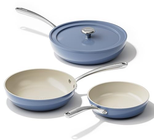 Redchef Ceramic Frying Pan Set Induction Hob Pan Set, 4pcs Saute Pan with Lid, 20cm 24cm 28cm (8 9.5 11) Stir Fry, Non Stick Frying Pan PFAS & PTFE & PFOA Free, Oven Safe, Blue