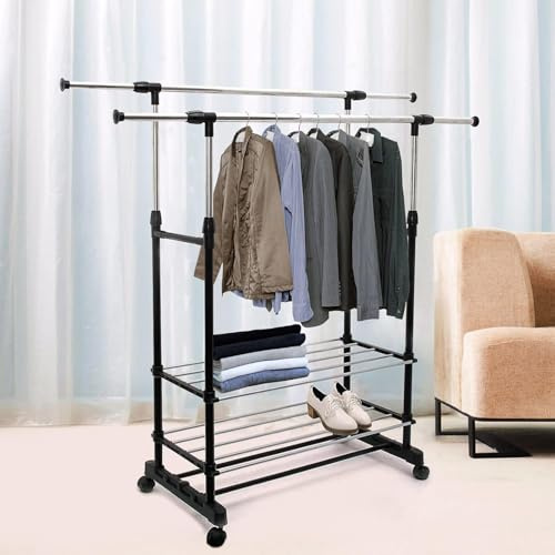 LN COZY CORNER Mobile Clothes Rail - Heavy Duty Adjustable Garment Rack with Shelves - Rolling Clothing Organizer for Bedroom Storage & Small Spaces