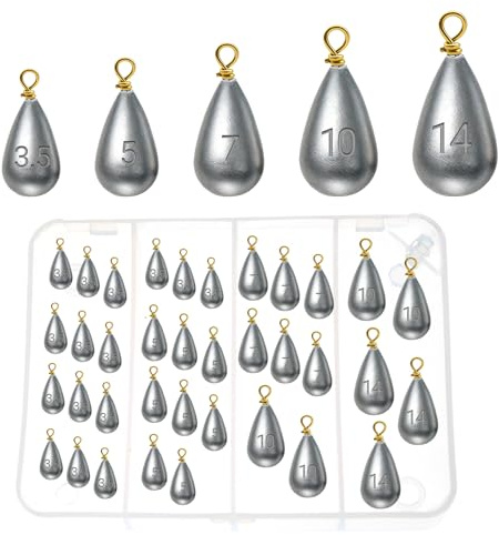 Casting Sinker Weights Assortment, 36PCS Teardrop Fishing Sinkers with Brass Swivel Loops, 1/8 oz to 1/2 oz, Drop Shot Weights for Bass Catfish, Freshwater Saltwater