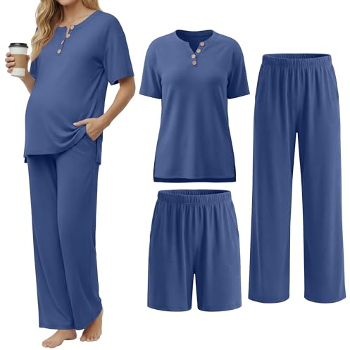 JoyMotion 3 Piece Maternity Lounge Set Postpartum Pajamas Outfits Pregnancy Clothes Short Sleeve T-Shirt Shorts Pants Pockets(Haze Blue,Small)