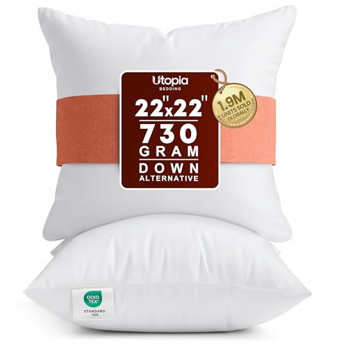Utopia Bedding 22x22 Pillow Inserts, Set of 2, White – Indoor Decorative Throw Pillows for Bed, Sofa & Couch – Soft, Supportive & Fluffy Cushion Inserts