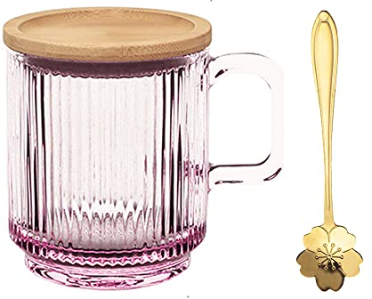 Yalucky Taza de Vidrio Transparente e Iridiscente Con Tapa y Cuchara para Té, Café, Leche, Chocolate, Zumo y Agua - Regalo para Mujeres y Hombres, Cumpleaños, Navidad