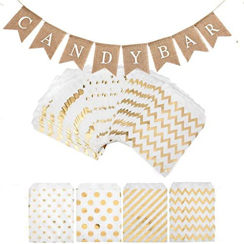 Set di accessori decorativi per candy bar, ghirlanda di caramelle + 100 sacchetti dorati + 100 pezzi adesivi Candy Bar accessori per matrimoni, feste, compleanni