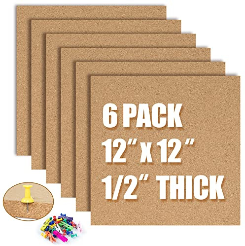 AKTOP Cork Board Bulletin Board 12x12, 1/2 Thick Cork Board Tiles 6 Pack, Small Square Pin Board for Wall, Self Adhesive Corkboards with 60 Push Pin Wood Clips for School, Home & Office
