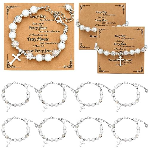 Hinly 12 Pcs Cross Bracelets Bulk Catholic Gifts for Women Men Baptism Favors for Guests Rhinestone Charm Pearl Catholic Bracelets Christian Religious Cross Confirmation