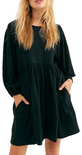 PDYLZWZY Women's Cotton Linen Round Neck Casual Loose Tunic Dresses Holiday Dress Backless Party Mini Dress with 3/4 Sleeves, black, L